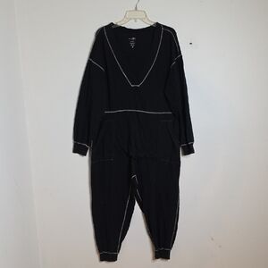 Black V-Neck  Natural Life Jumpsuit with White Stitching Sz Medium